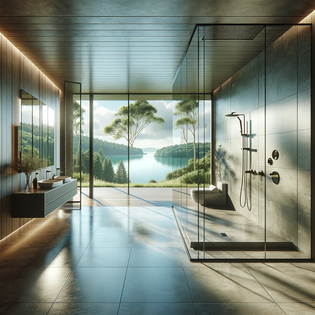 Luxury bathroom design with panoramic lake views
