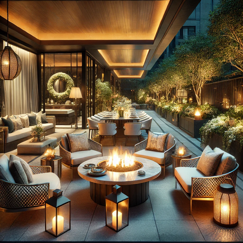 Luxury outdoor patio with fire pit and sophisticated landscape design